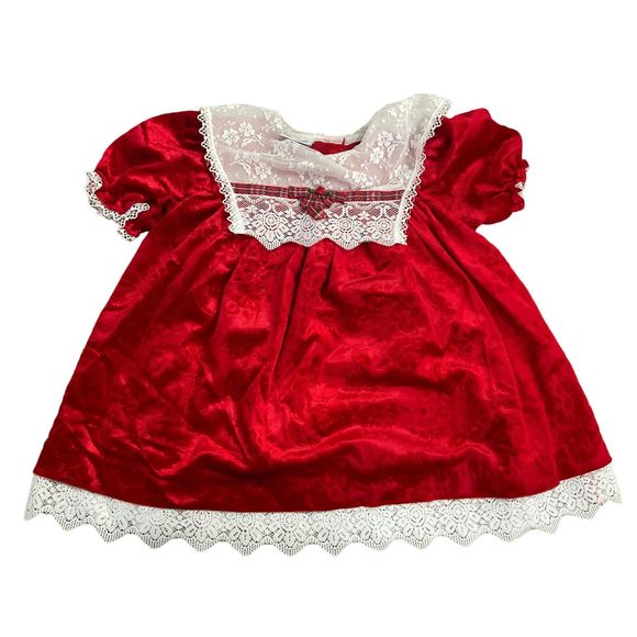 Vintage Red Velvet 24 Month Baby Christmas Dress Lace Bib Jumper - Picture 1 of 3